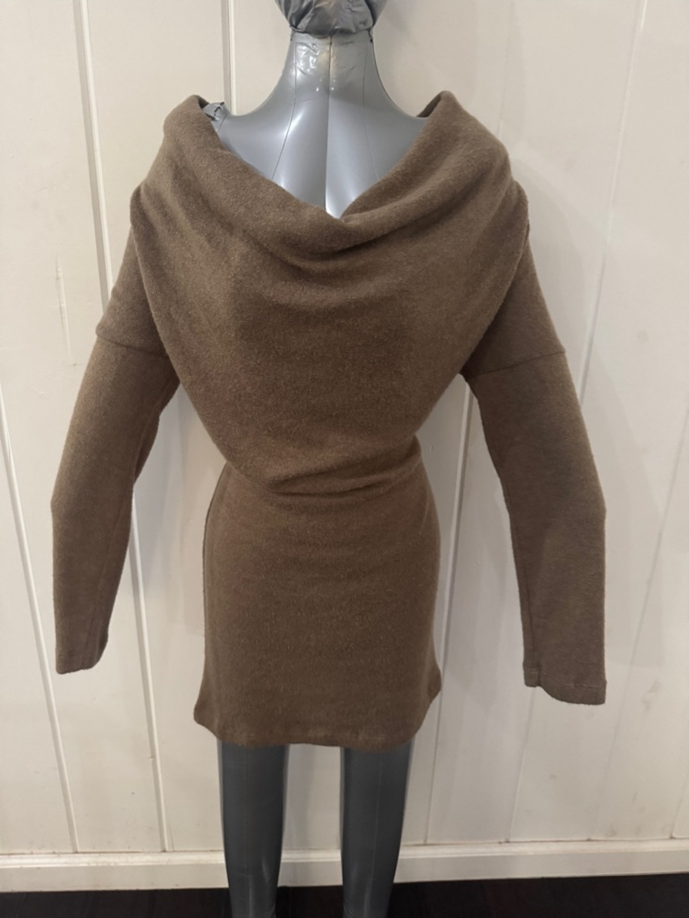 Off-Shoulder Taupe Knit Sweater Dress